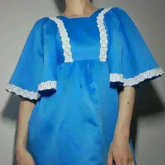 Vintage 70s bright blue babydoll maxi dress with big sleeves & lace ✦ Handmade ✦ - Picture 16 of 16